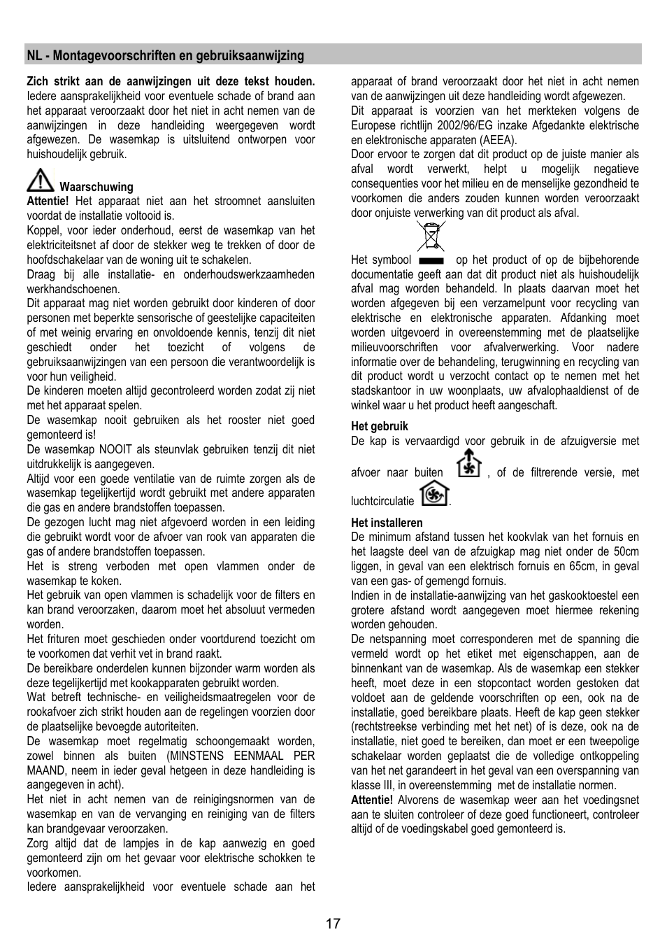 Nl - montagevoorschriften en gebruiksaanwijzing | Zanussi ZHC86540XA User Manual | Page 17 / 72