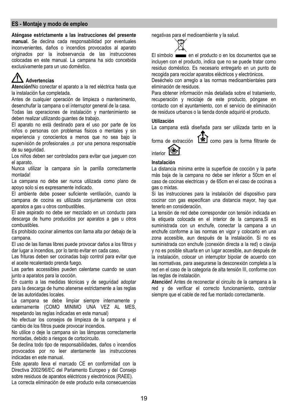Es - montaje y modo de empleo | Zanussi ZHC86540XA User Manual | Page 19 / 72
