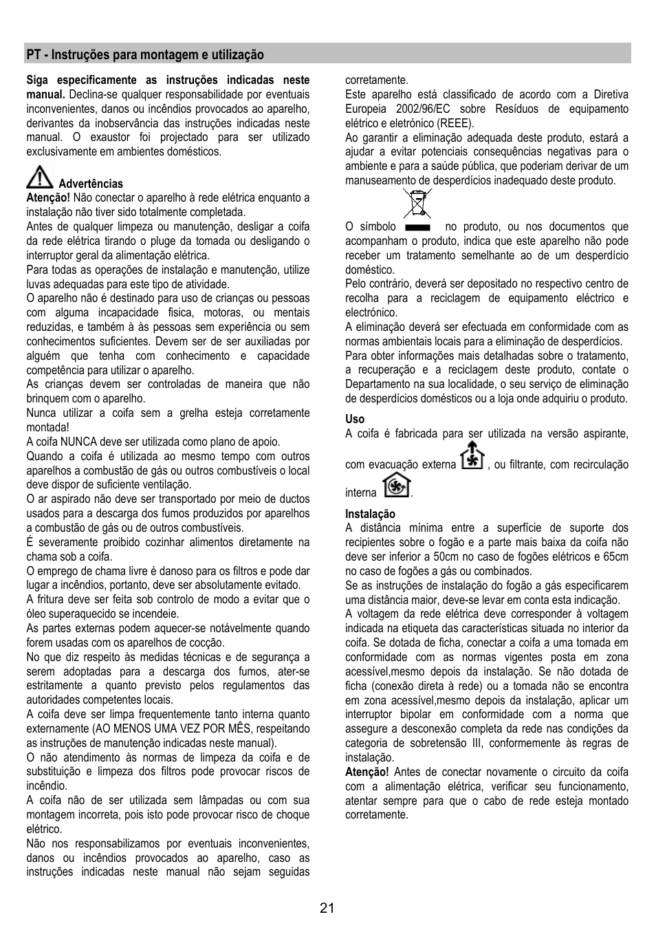 Pt - instruções para montagem e utilização | Zanussi ZHC86540XA User Manual | Page 21 / 72