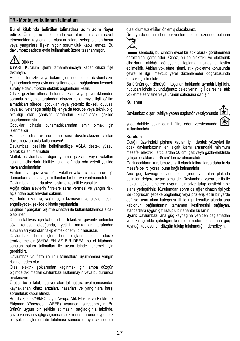 Tr - montaj ve kullanım talimatları | Zanussi ZHC86540XA User Manual | Page 27 / 72