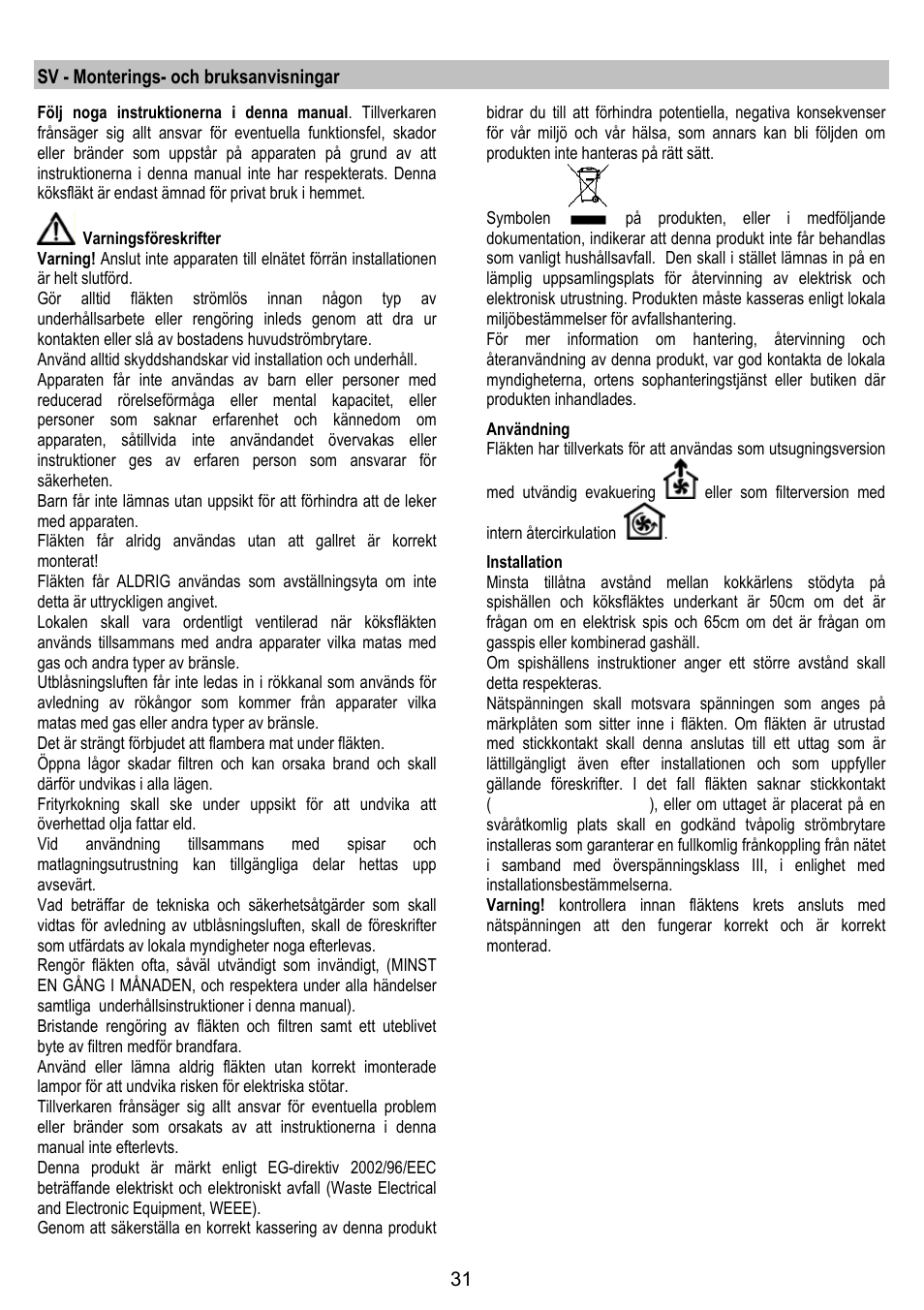 Sv - monterings- och bruksanvisningar | Zanussi ZHC86540XA User Manual | Page 31 / 72