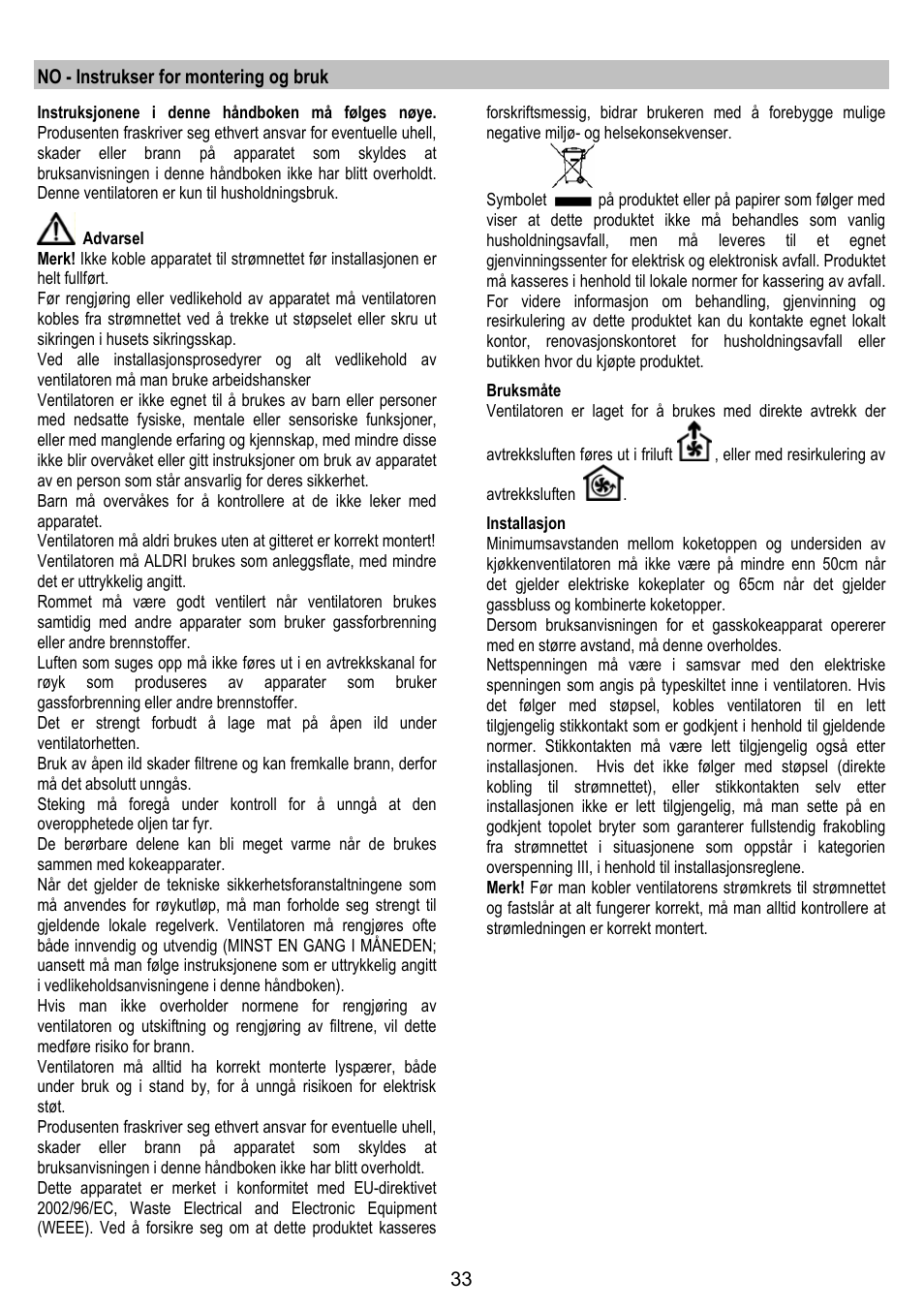 No - instrukser for montering og bruk | Zanussi ZHC86540XA User Manual | Page 33 / 72
