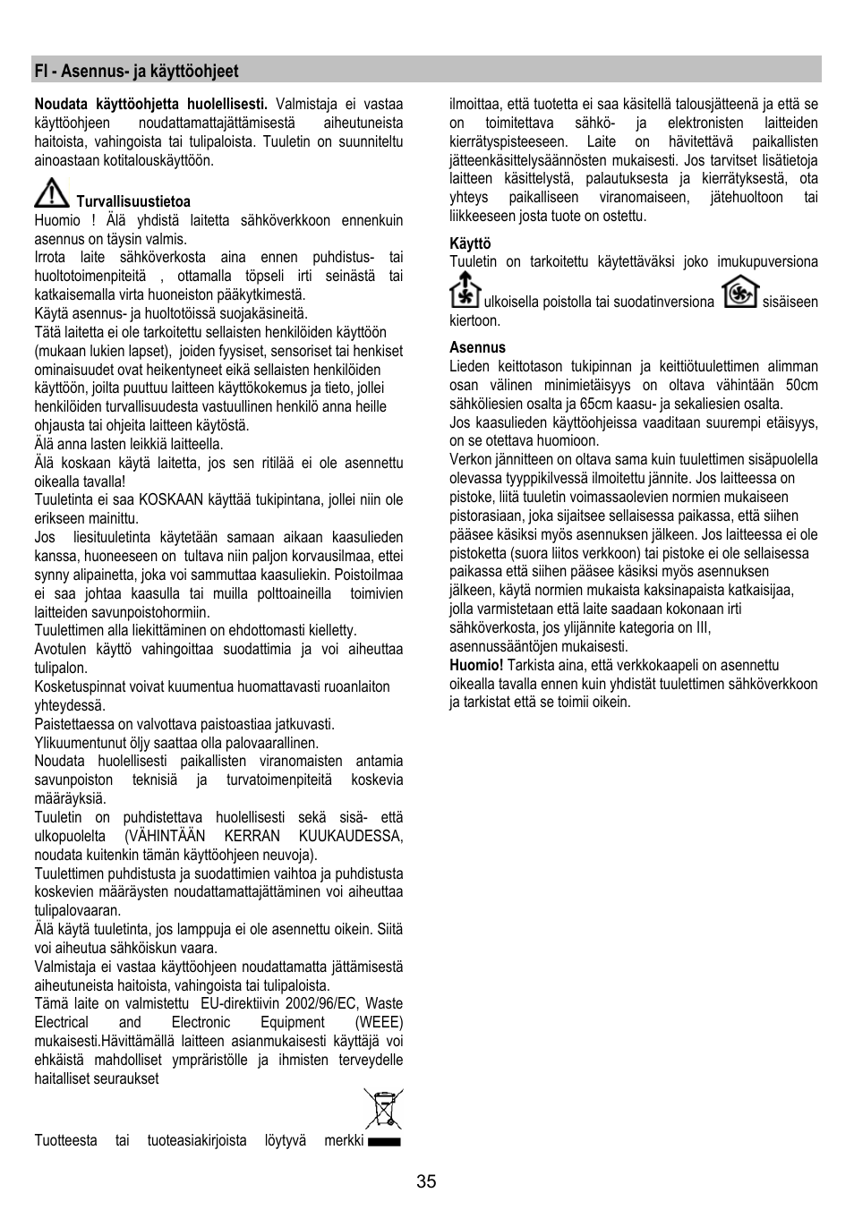 Fi - asennus- ja käyttöohjeet | Zanussi ZHC86540XA User Manual | Page 35 / 72