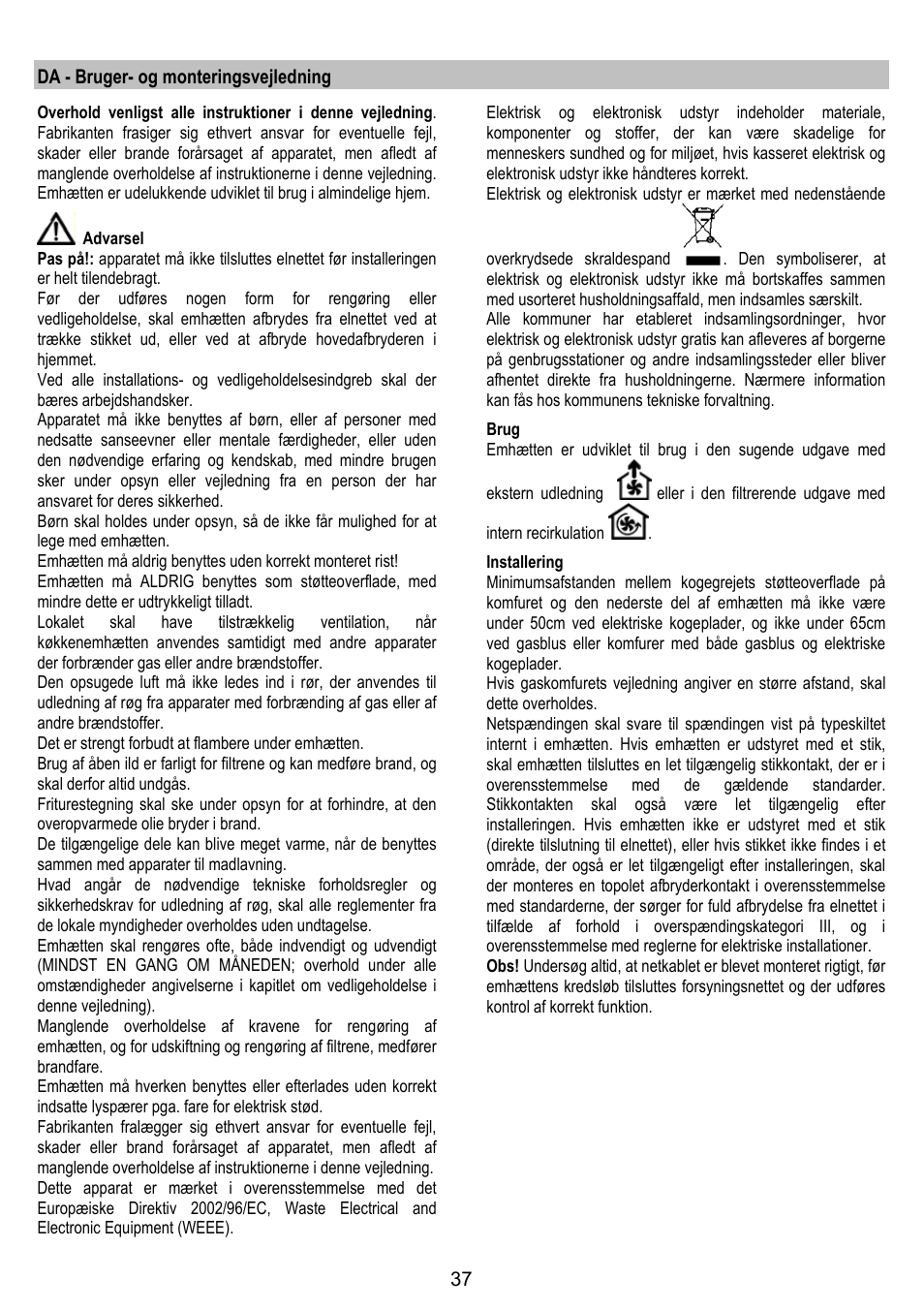 Da - bruger- og monteringsvejledning | Zanussi ZHC86540XA User Manual | Page 37 / 72