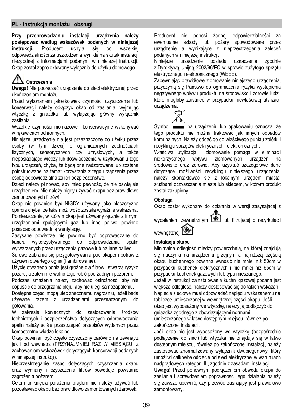 Pl - instrukcja montażu i obsługi | Zanussi ZHC86540XA User Manual | Page 39 / 72