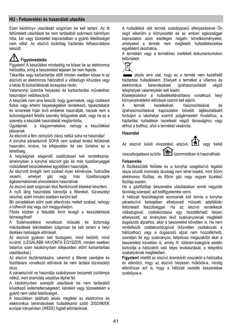 Hu - felszerelési és használati utasítás | Zanussi ZHC86540XA User Manual | Page 41 / 72
