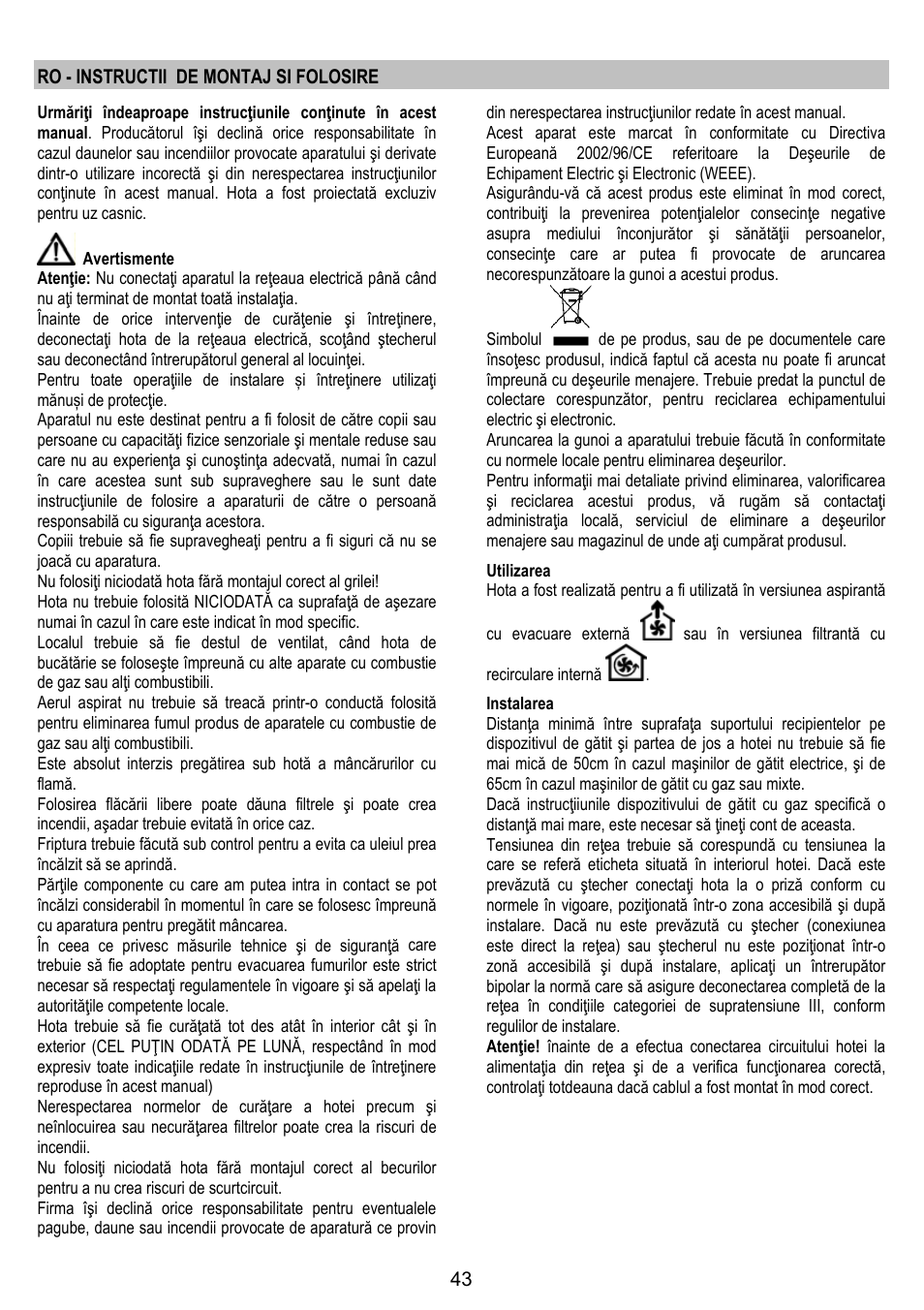 Ro - instructii de montaj si folosire | Zanussi ZHC86540XA User Manual | Page 43 / 72