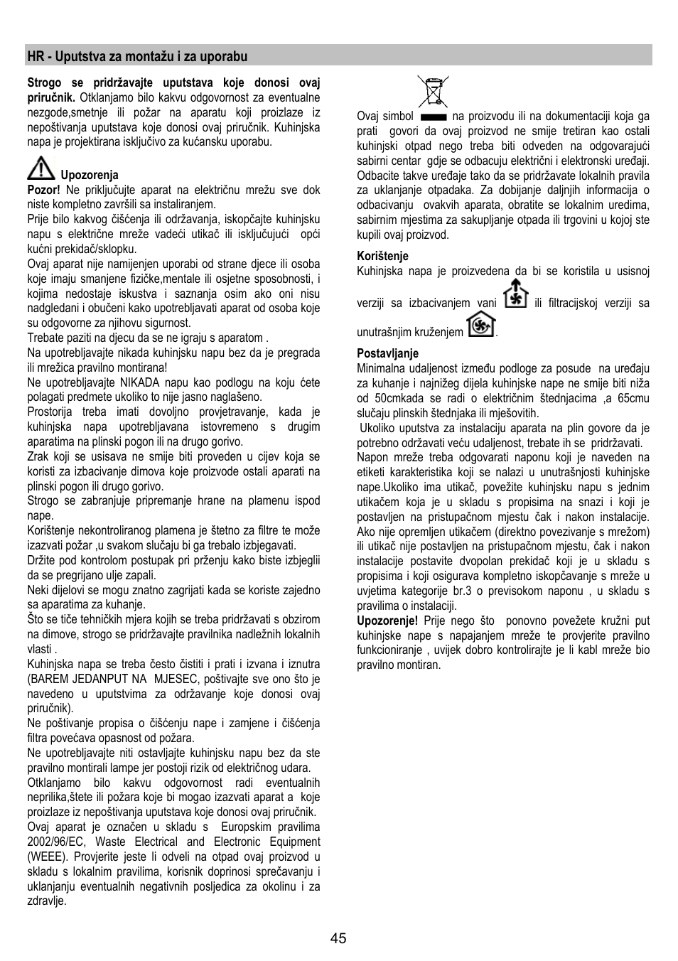 Hr - uputstva za montažu i za uporabu | Zanussi ZHC86540XA User Manual | Page 45 / 72