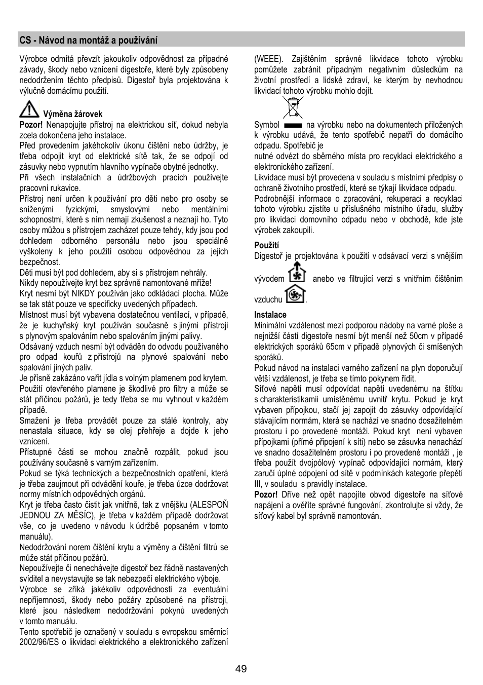Cs - návod na montáž a používání | Zanussi ZHC86540XA User Manual | Page 49 / 72