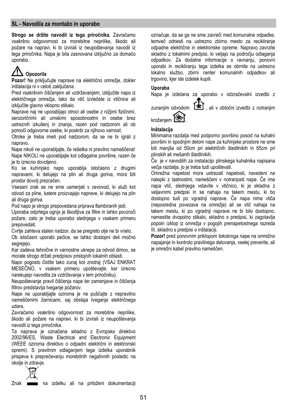 Sl - navodila za montažo in uporabo | Zanussi ZHC86540XA User Manual | Page 51 / 72