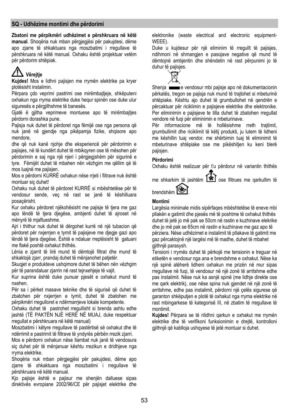 Sq - udhëzime montimi dhe përdorimi | Zanussi ZHC86540XA User Manual | Page 53 / 72