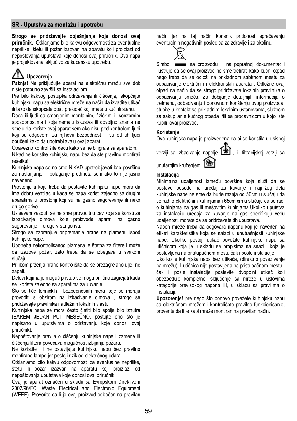 Sr - uputstva za montažu i upotrebu | Zanussi ZHC86540XA User Manual | Page 59 / 72