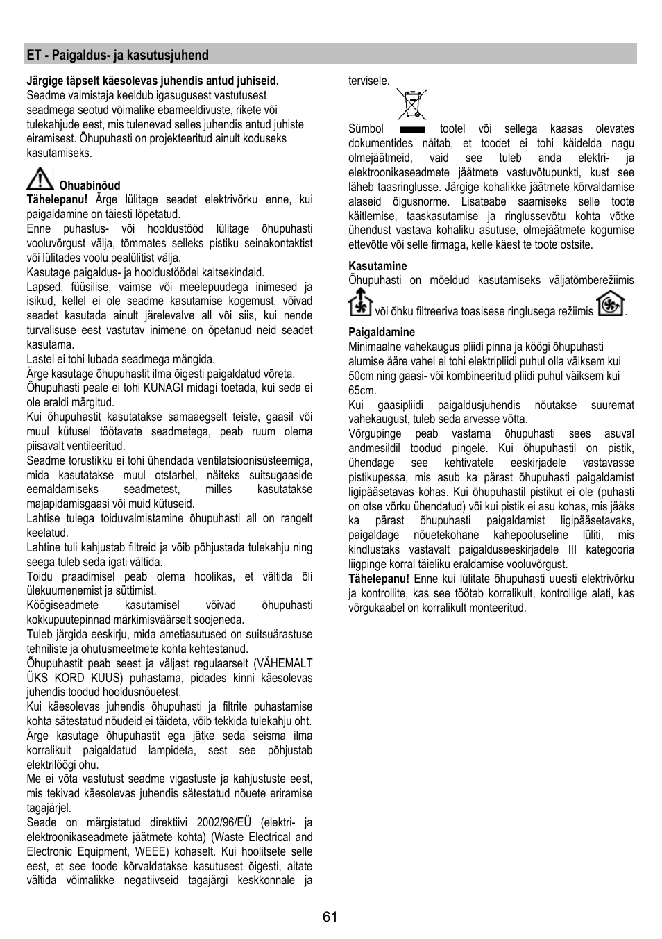 Et - paigaldus- ja kasutusjuhend | Zanussi ZHC86540XA User Manual | Page 61 / 72
