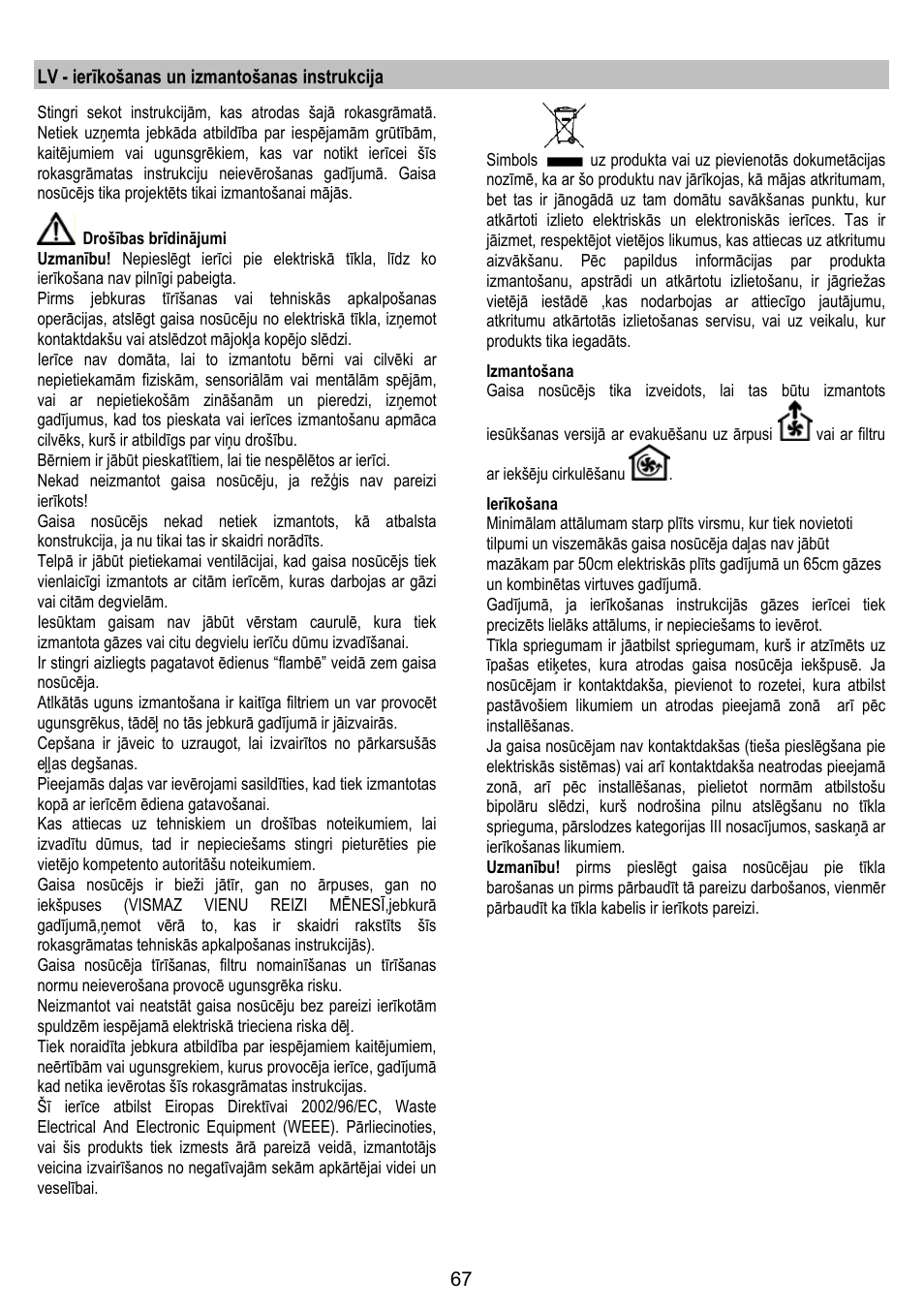 Lv - ierīkošanas un izmantošanas instrukcija | Zanussi ZHC86540XA User Manual | Page 67 / 72