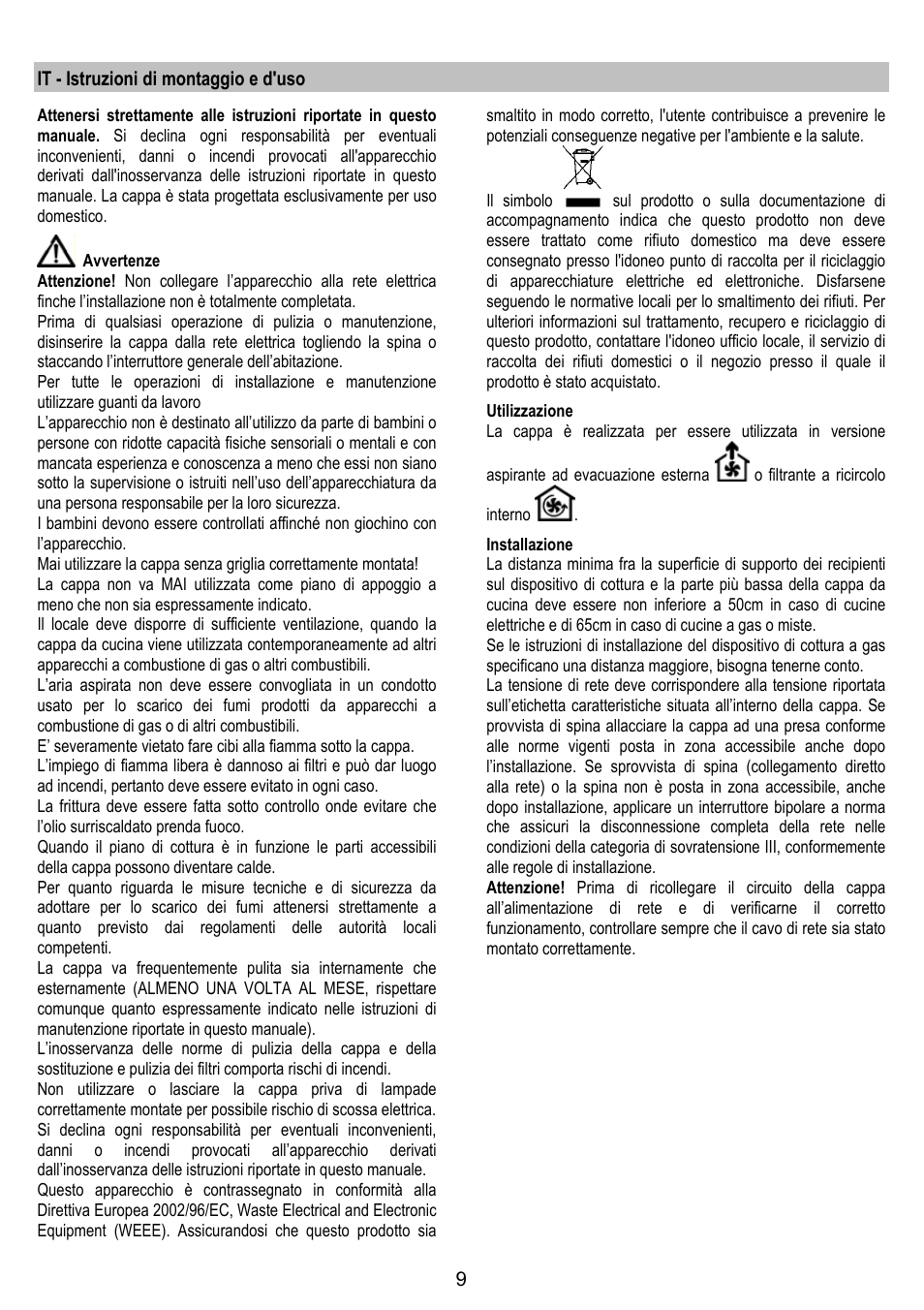 It - istruzioni di montaggio e d'uso | Zanussi ZHC86540XA User Manual | Page 9 / 72