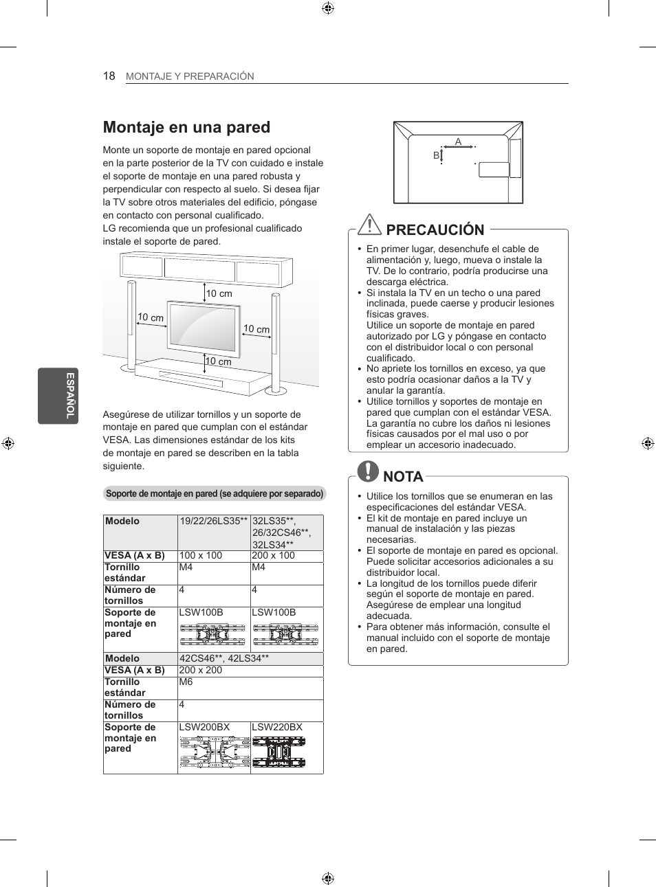 Montaje en una pared, Precaución, Nota | LG 26LS3500 User Manual | Page 122 / 214