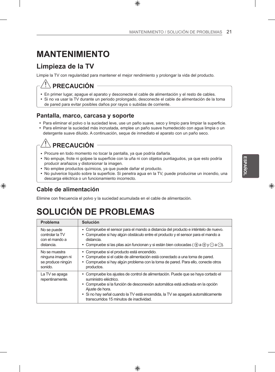 Mantenimiento, Solución de problemas, Limpieza de la tv | Precaución, Pantalla, marco, carcasa y soporte, Cable de alimentación | LG 26LS3500 User Manual | Page 125 / 214