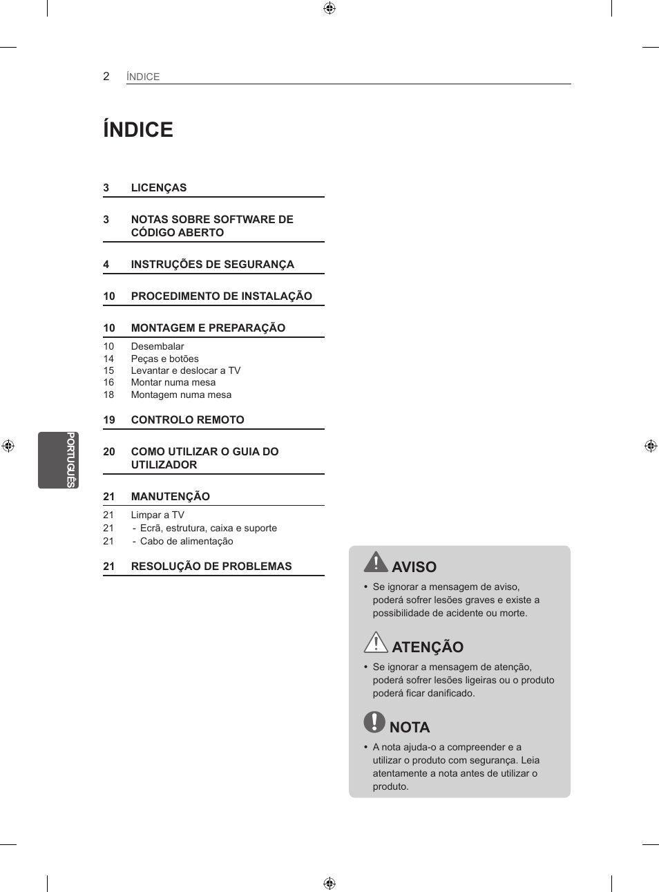 Índice, Aviso, Atenção | Nota | LG 26LS3500 User Manual | Page 128 / 214