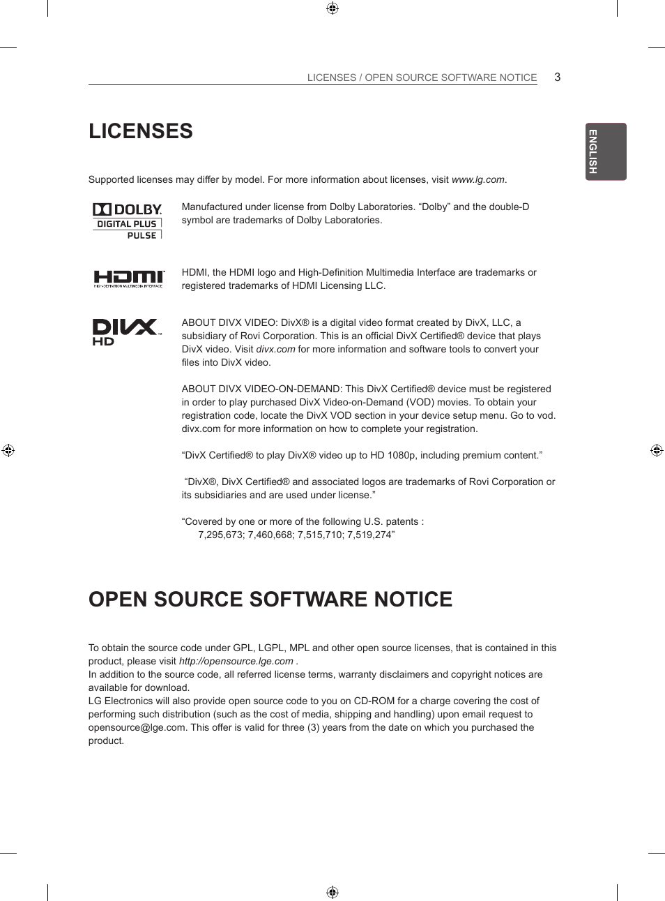 Licenses, Open source software notice | LG 26LS3500 User Manual | Page 13 / 214