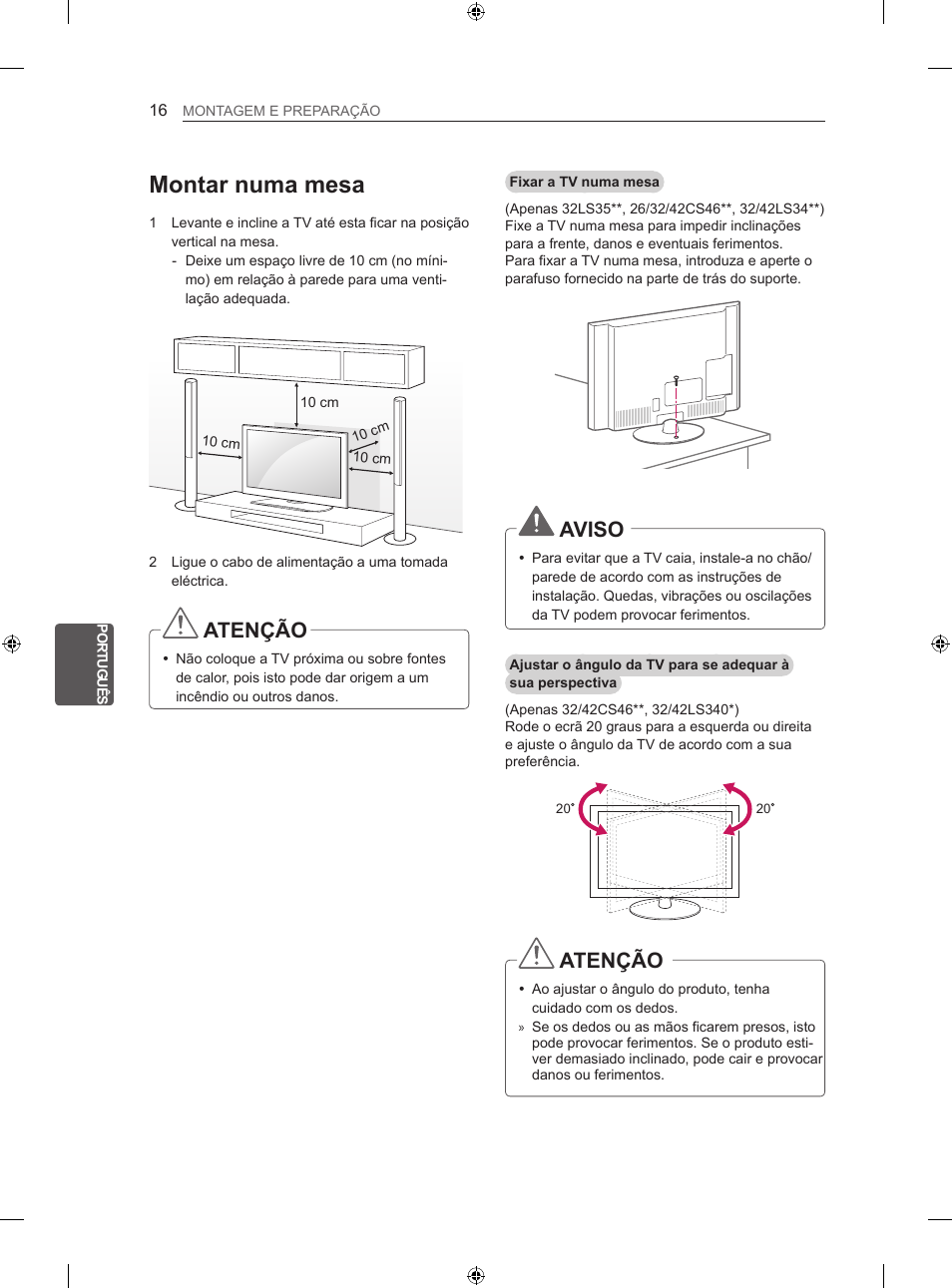 Montar numa mesa, Atenção, Aviso | LG 26LS3500 User Manual | Page 142 / 214