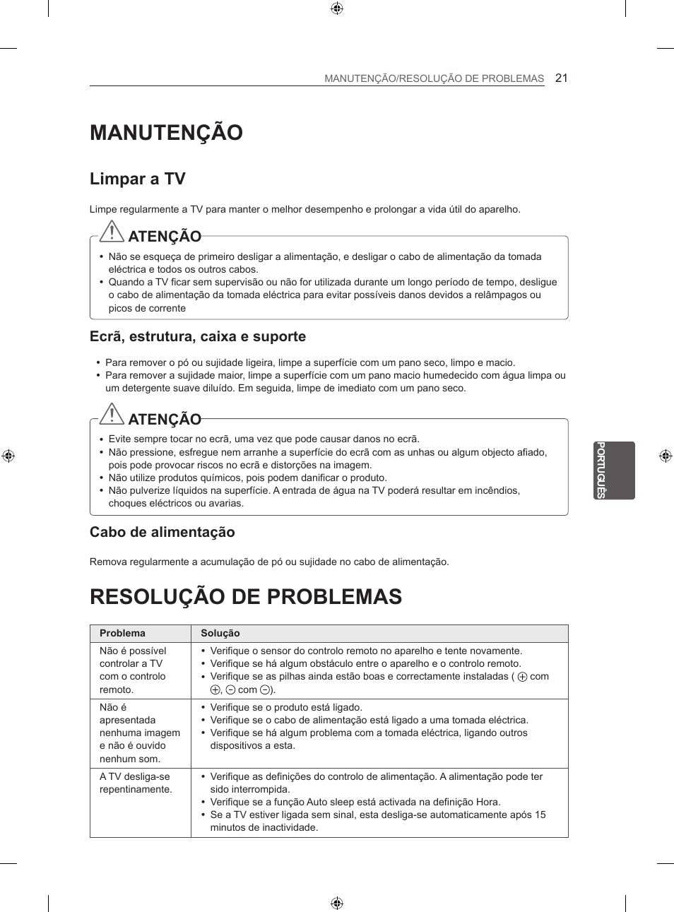 Manutenção, Resolução de problemas, Limpar a tv | Atenção, Ecrã, estrutura, caixa e suporte, Cabo de alimentação | LG 26LS3500 User Manual | Page 147 / 214