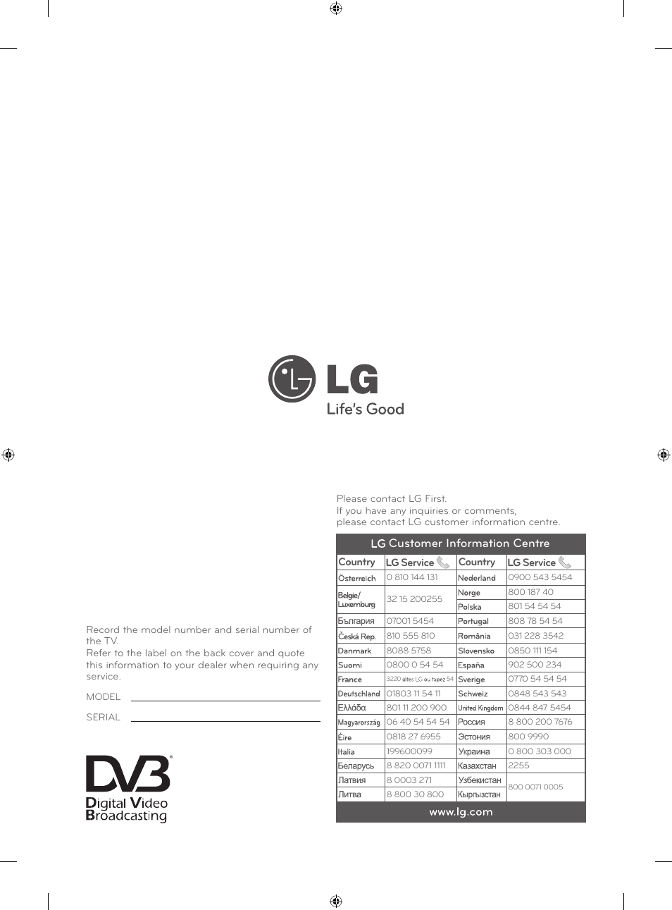 Customer information centre | LG 26LS3500 User Manual | Page 214 / 214