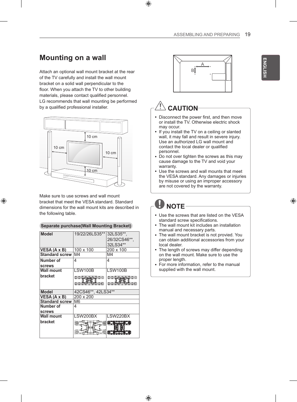 Mounting on a wall, Caution | LG 26LS3500 User Manual | Page 29 / 214