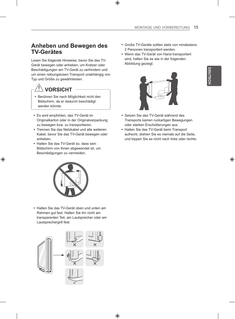 Anheben und bewegen des tv-gerätes, Vorsicht | LG 26LS3500 User Manual | Page 47 / 214