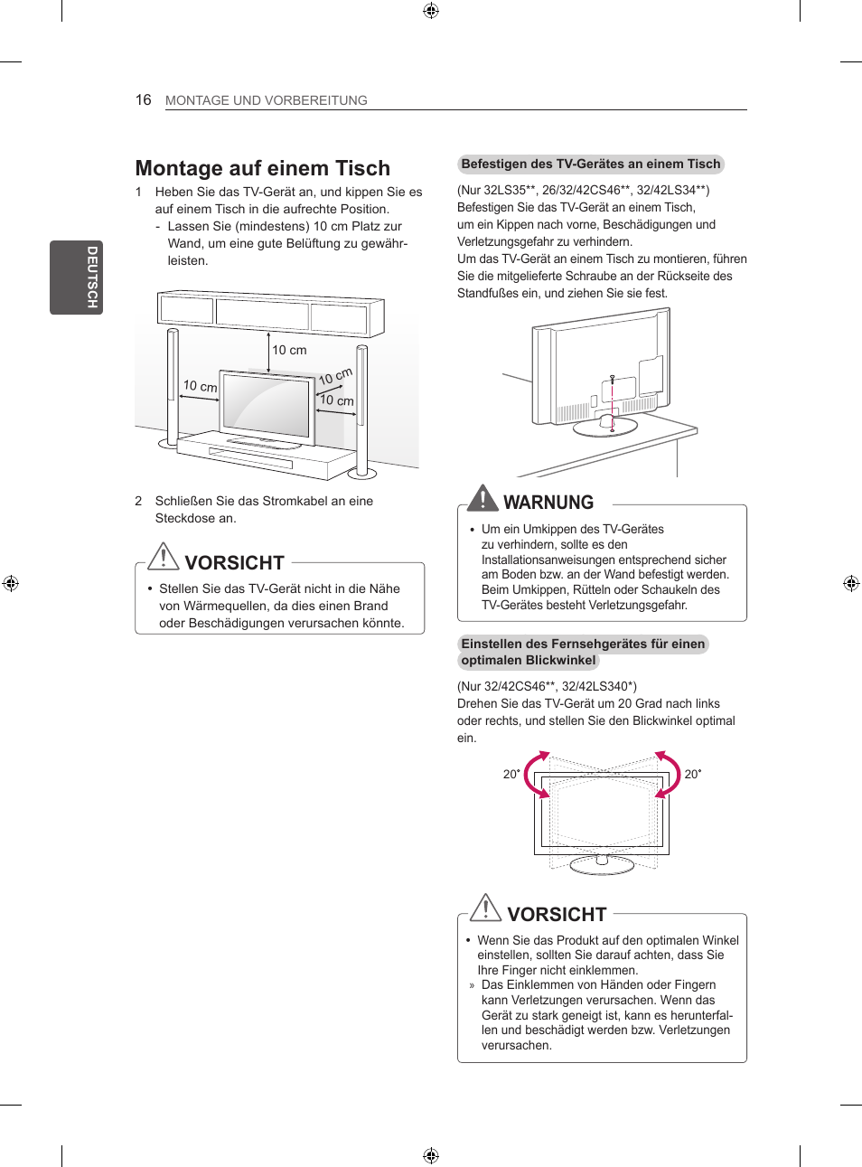 Montage auf einem tisch, Vorsicht, Warnung | LG 26LS3500 User Manual | Page 48 / 214