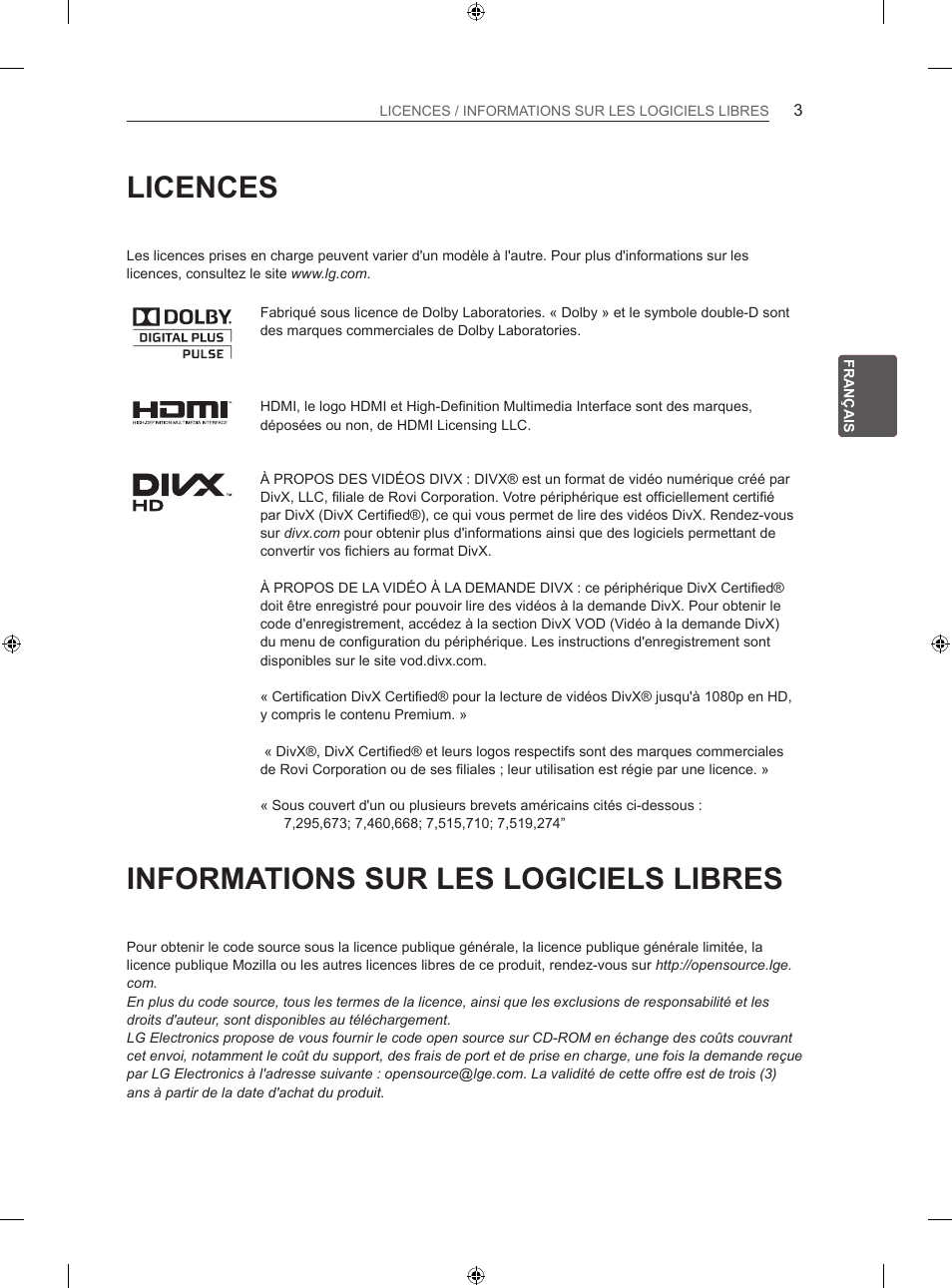 Licences, Informations sur les logiciels libres | LG 26LS3500 User Manual | Page 57 / 214