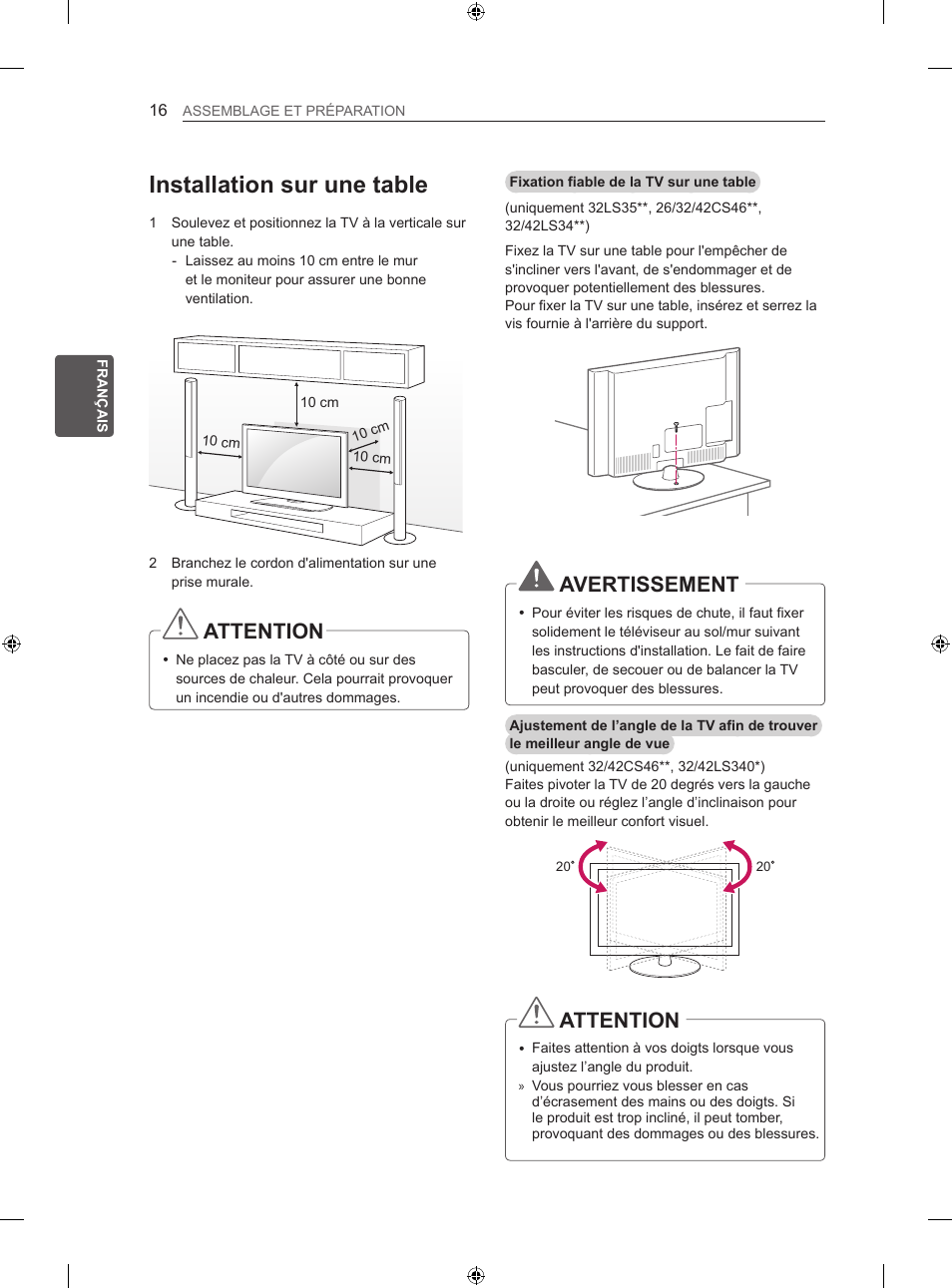 Installation sur une table, Attention, Avertissement | LG 26LS3500 User Manual | Page 70 / 214