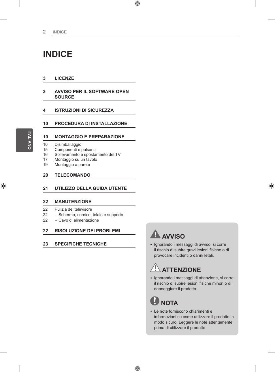 Indice, Avviso, Attenzione | Nota | LG 26LS3500 User Manual | Page 78 / 214