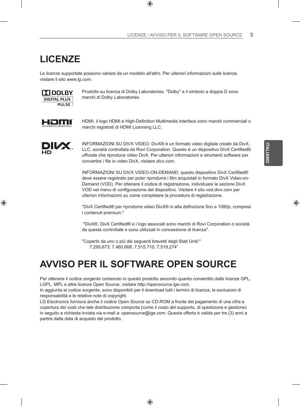 Licenze, Avviso per il software open source | LG 26LS3500 User Manual | Page 79 / 214