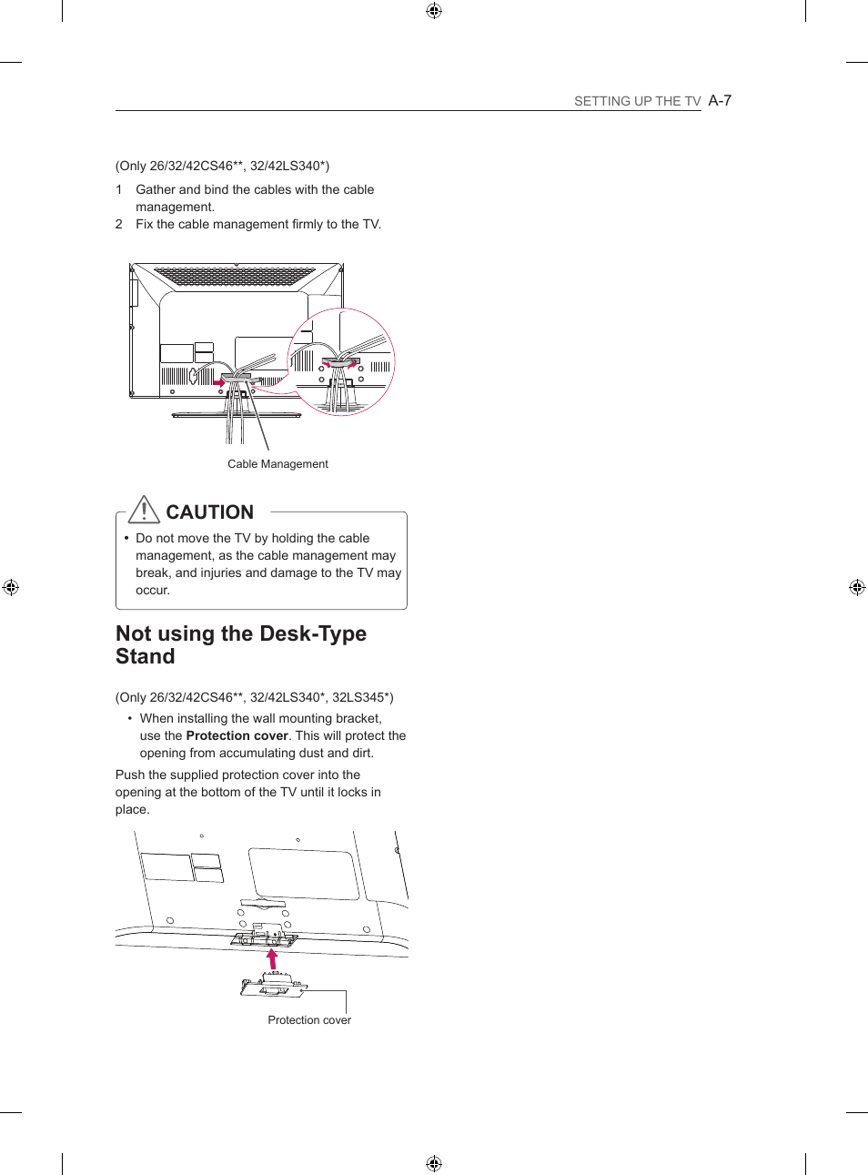 Not using the desk-type stand, Caution | LG 26LS3500 User Manual | Page 9 / 214