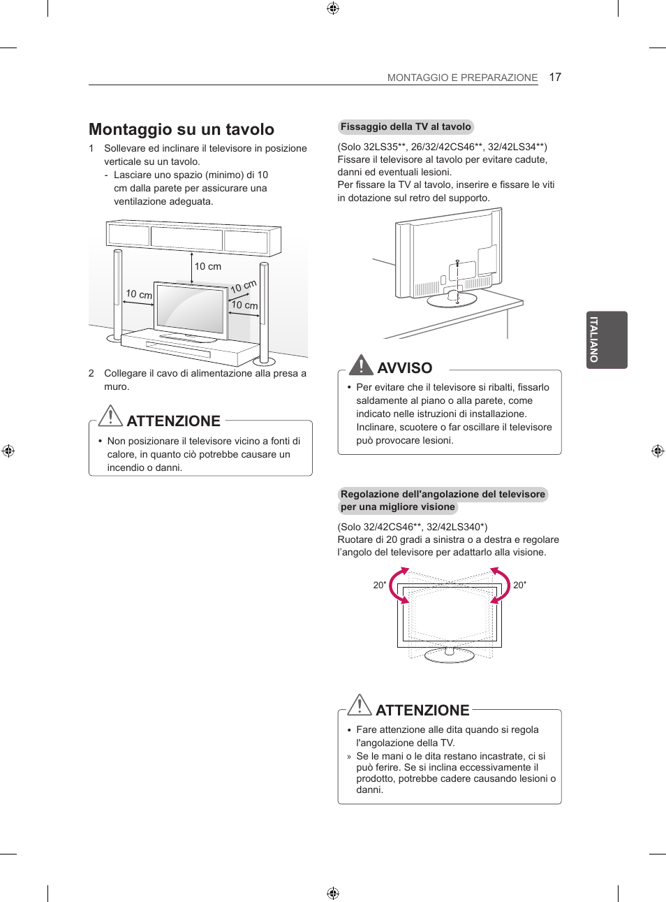 Montaggio su un tavolo, Attenzione, Avviso | LG 26LS3500 User Manual | Page 93 / 214