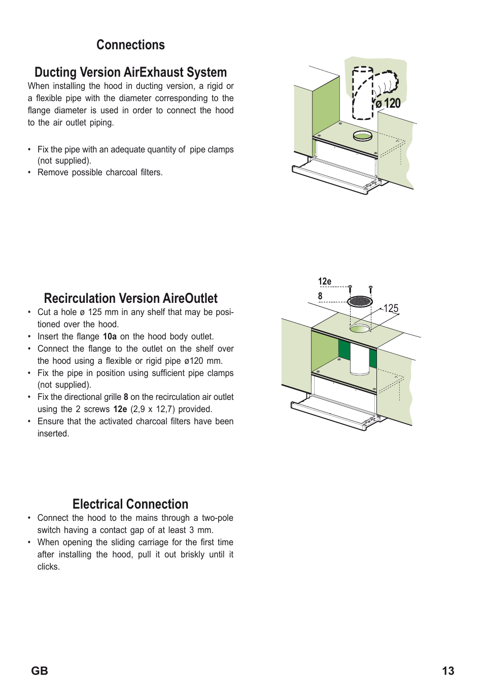 Connections ducting version airexhaust system, Recirculation version aireoutlet, Electrical connection | Zanussi ZHP615W User Manual | Page 13 / 40