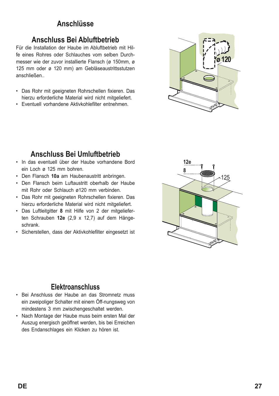 Anschlüsse anschluss bei abluftbetrieb, Anschluss bei umluftbetrieb, Elektroanschluss | Zanussi ZHP615W User Manual | Page 27 / 40