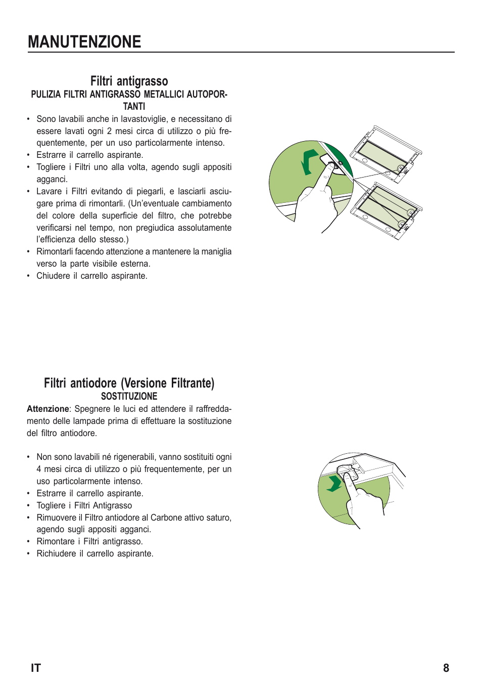Manutenzione, Filtri antigrasso, Filtri antiodore (versione filtrante) | Zanussi ZHP615W User Manual | Page 8 / 40
