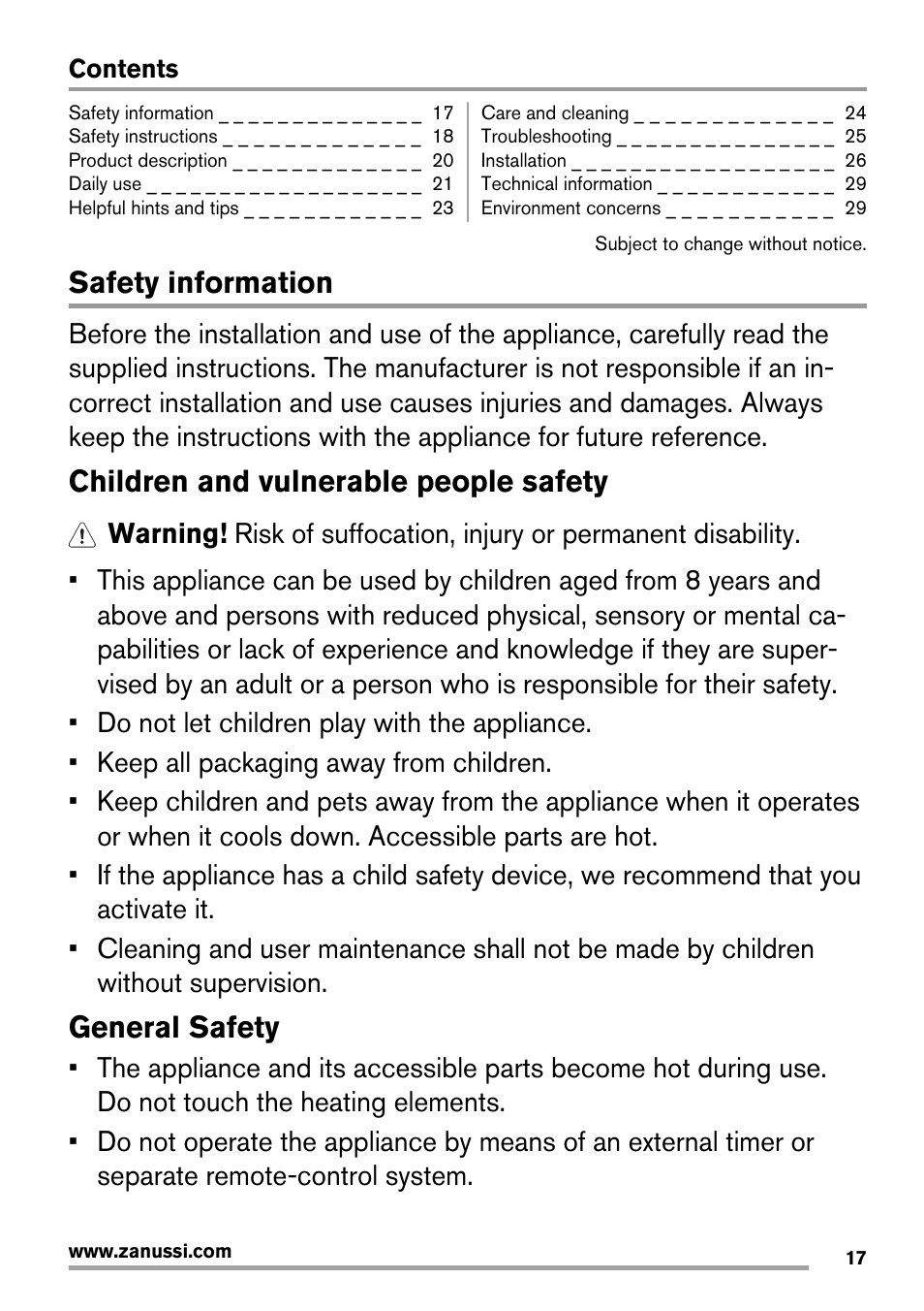 Safety information, Children and vulnerable people safety, General safety | Zanussi ZIT64X User Manual | Page 17 / 64