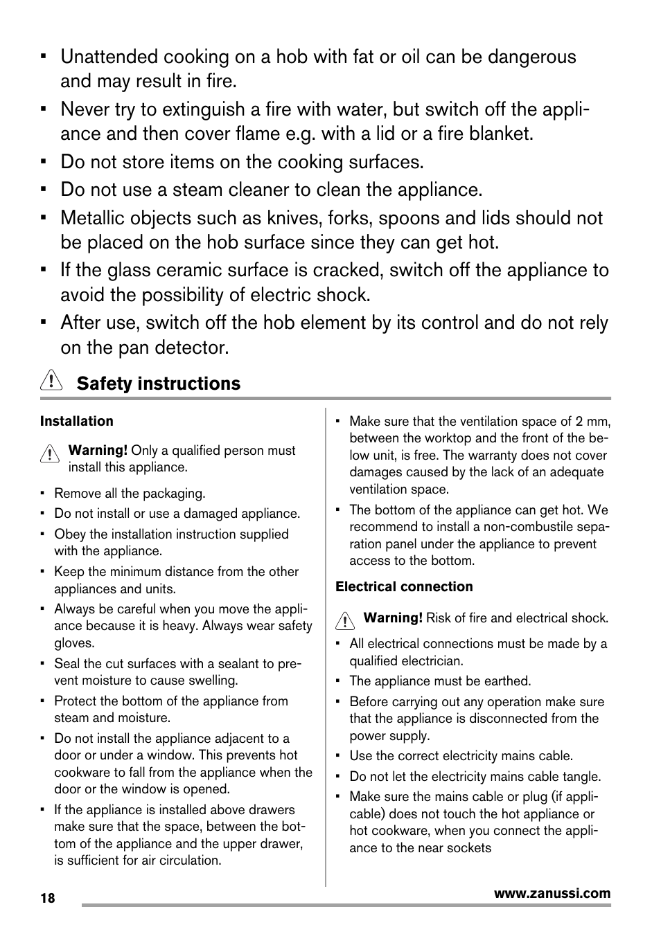 Safety instructions | Zanussi ZIT64X User Manual | Page 18 / 64