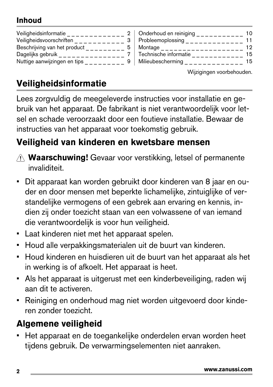 Veiligheidsinformatie, Veiligheid van kinderen en kwetsbare mensen, Algemene veiligheid | Zanussi ZIT64X User Manual | Page 2 / 64