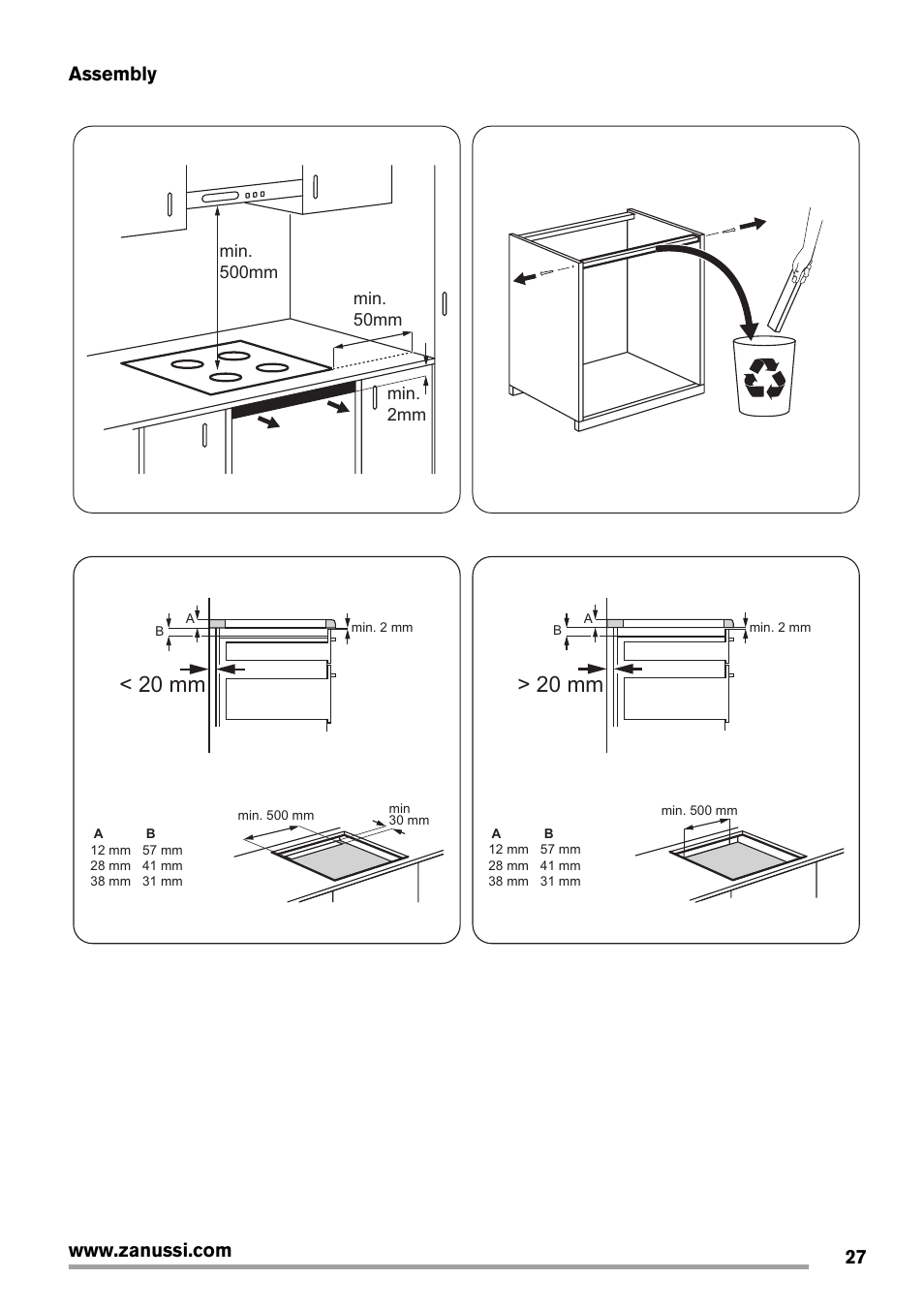 20 mm, Assembly | Zanussi ZIT64X User Manual | Page 27 / 64