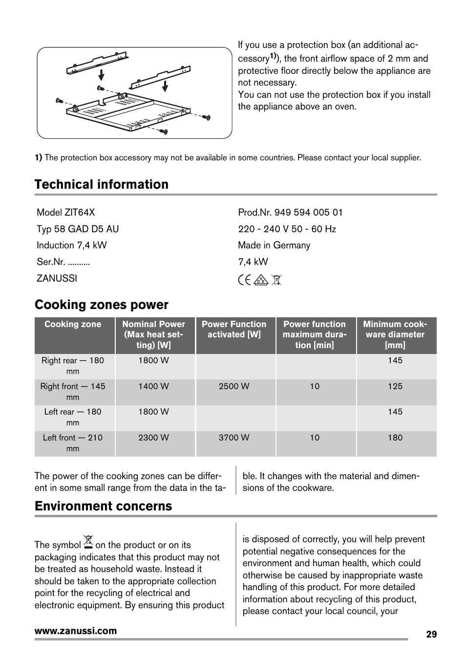 Technical information, Cooking zones power, Environment concerns | Zanussi ZIT64X User Manual | Page 29 / 64