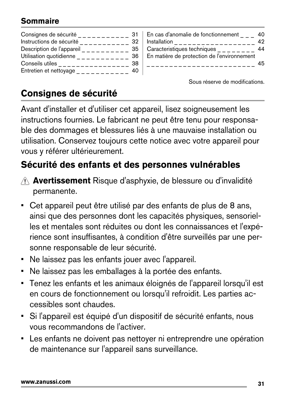 Consignes de sécurité, Sécurité des enfants et des personnes vulnérables | Zanussi ZIT64X User Manual | Page 31 / 64