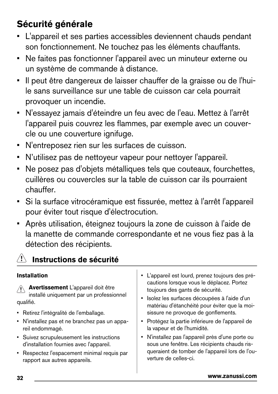 Sécurité générale | Zanussi ZIT64X User Manual | Page 32 / 64