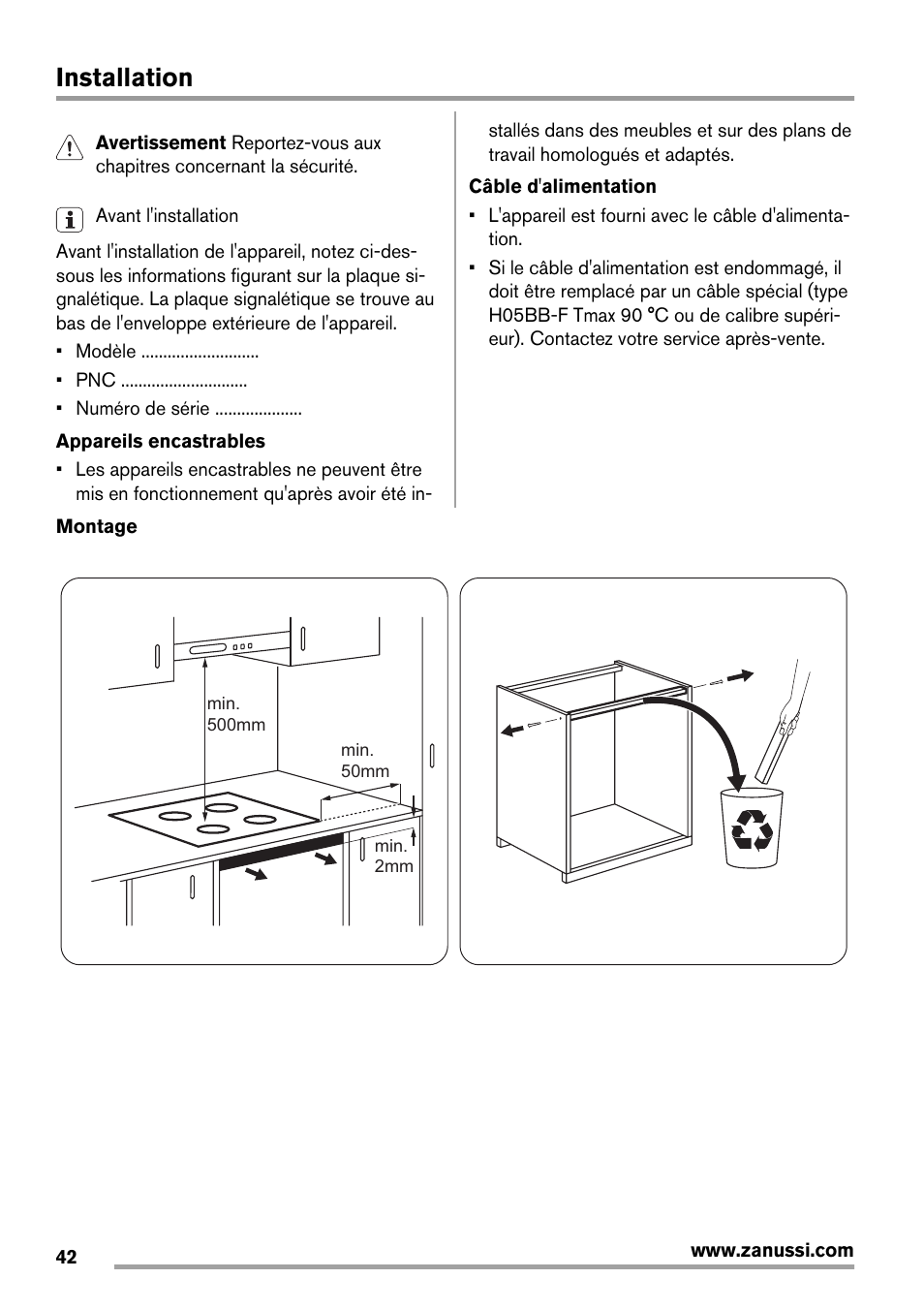 Installation | Zanussi ZIT64X User Manual | Page 42 / 64