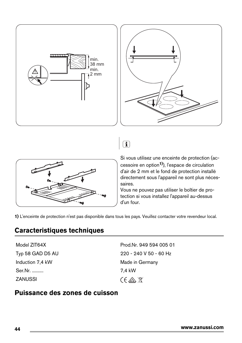 Caracteristiques techniques, Puissance des zones de cuisson | Zanussi ZIT64X User Manual | Page 44 / 64