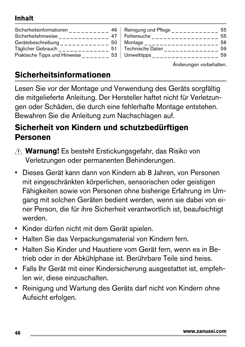Sicherheitsinformationen | Zanussi ZIT64X User Manual | Page 46 / 64