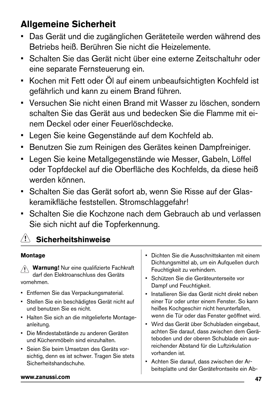 Allgemeine sicherheit, Sicherheitshinweise | Zanussi ZIT64X User Manual | Page 47 / 64