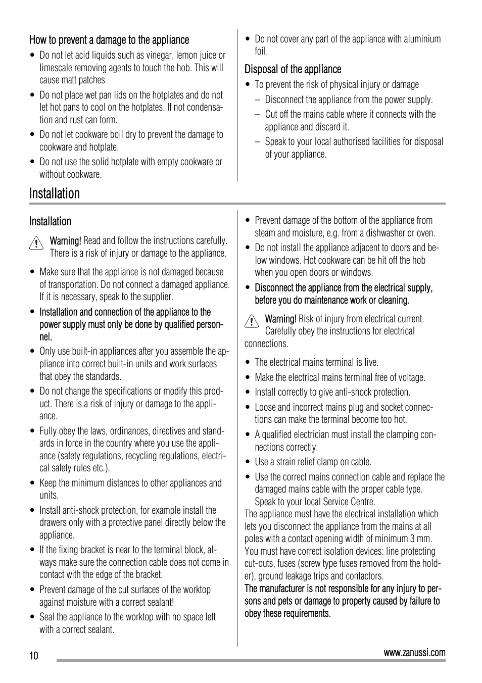 Installation | Zanussi ZEE3921IXA User Manual | Page 10 / 32